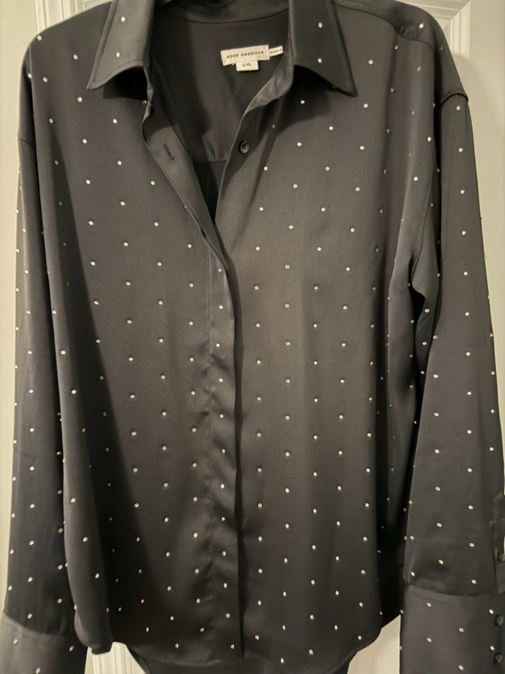 Good American Crystal Embellished Black Long-Sleeve Button Down Top